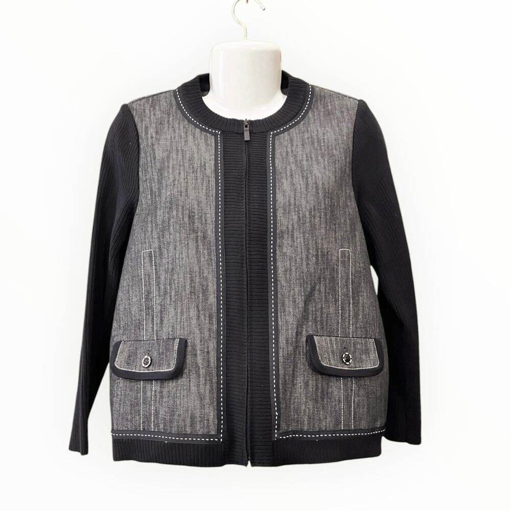 Tanjay Petites Women's Navy Mixed Media Full Zip Long Sleeve Jacket Pocket SZ PM